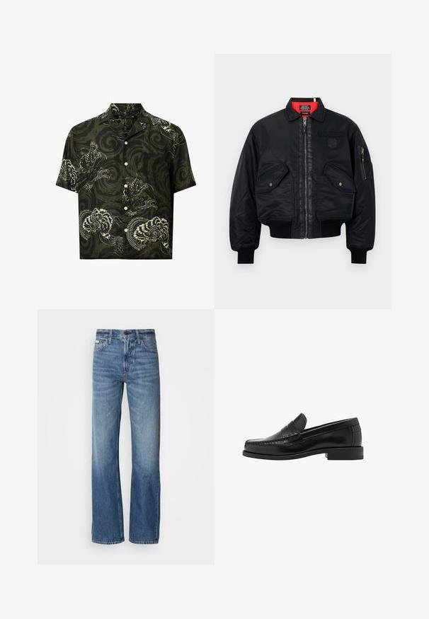 Musta pommittaja, jossa on vetoketjukiinnitys, punainen vuori, kaksi etutaskua ja sivutasku. Teksturoitu kangas, jossa on matta pinta.; T-paita lyhyillä hihoilla tummanvihreästä puuvillasta, jossa on valkoinen lohikäärme- ja kukkakuosi, varustettuna viistettyllä kauluksella ja nappilistan sulkemisella.; Siniset farkut suoralla lahkeella, korkealla vyötäröllä ja hienolla haalistumisella. Mukana napin ja vetoketjun sulku, sekä klassinen viiden taskun muotoilu.; Musta nahkayksilöinen loafersi, jossa on sileä pinta, ommellut yksityiskohdat varpaisiin ja matala kanta mukavuutta ja tyyliä varten.