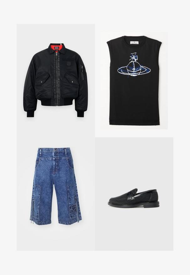 Melns bomber jakas ar rāvējslēdzēju, ar sarkanu iekšējo oderi, divām priekšējām kabatām un sānu kabatu. Tekstūrēta auduma ar matētu apdari.; Melnā bez piedurknēm topa, ar zilu un baltu grafiku, kas att attēlo planētai līdzīgu figūru ar gredzeniem un satelītiem. Mīksts kokvilnas materiāls.; Denim kravas šorti vidēji zilā krāsā ar priekšējiem kabatām, sānu kravas kabatām un rāvējslēdzēja detaļām. Iezīmē taisnu griezumu un teksturētu audumu.; Melnas austas slaidu kurpes ar gludu ādas akcentu augšpusē, apaļas formas purngalu un zemas profila gumijas zoli.