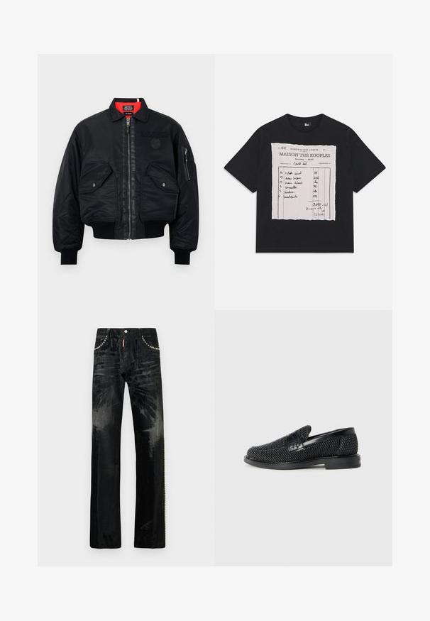 Melns bomber jakas ar rāvējslēdzēju, ar sarkanu iekšējo oderi, divām priekšējām kabatām un sānu kabatu. Tekstūrēta auduma ar matētu apdari.; Melnas kokvilnas T-kreklis ar grafiku, kas attēlo plēsto lapu ar roku rakstītām piezīmēm, kurās norādīti preču detaļas un cenas kontrastējošā krāsā.; Melnas džinsa bikses ar taisnu kāju dizainu, kas rotātas ar spīdīgiem metāla elementiem uz kabatām un nedaudz teksturētu audumu. Klasisks piecu kabatu stils.; Melnas austas slaidu kurpes ar gludu ādas akcentu augšpusē, apaļas formas purngalu un zemas profila gumijas zoli.