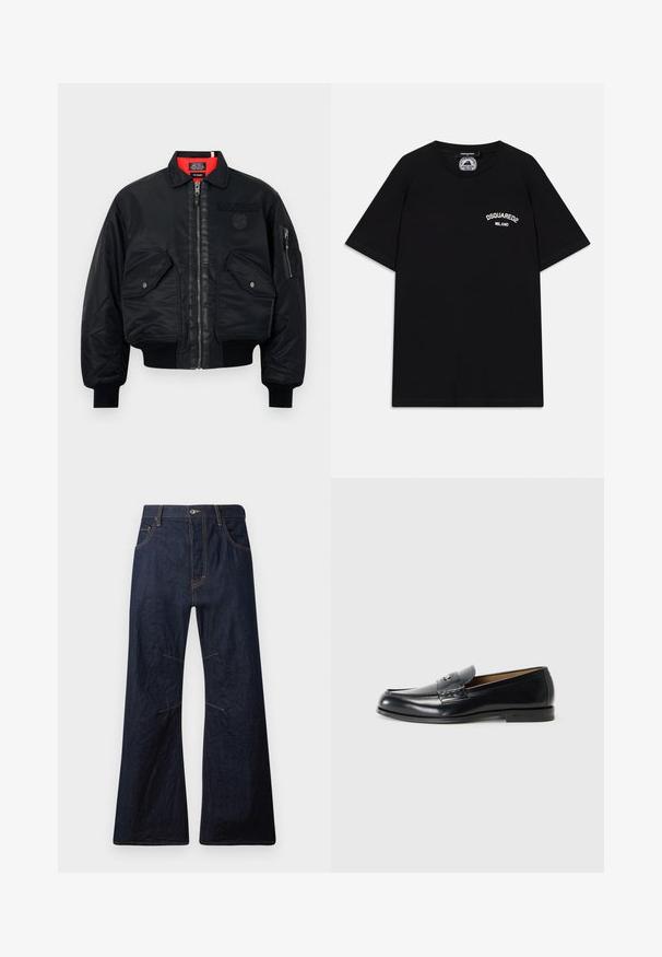 Črna bomberska jakna z zadrgo, ki vključuje rdečo notranjost, dve sprednji žepki in stranski žep. Teksturovan material z mat zaključkom.; Črna bombažna majica s kratkimi rokavi, s belim logotipom "DSQUARED2 MILANO" na prsih. Oblika s krožnim ovratnikom, gladka tekstura.; Temno modri denim kavbojki z razširjenim krojem, rumenimi šivi, petimi žepi in zapiranjem na zadrgo. Imajo vodoravne šive nad koleni.; Usnjeni loafers v črni barvi s gladko površino, okroglo konico, dekorativnim šivanjem in majhnim kovinskim dodatkom spredaj.
