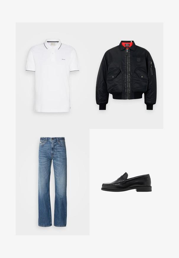 Schwarze Bomberjacke mit Reißverschluss, featuring ein rotes Innenfutter, zwei Fronttaschen und eine Seitentasche. Strukturierter Stoff mit matter Oberfläche.; Weißes Polohemd aus Baumwolle, mit einer Knopfleiste mit zwei Knöpfen, kurzen Ärmeln und navyblauer Borte am Kragen und den Ärmeln. GANT-Logo auf der Brust.; Blaue Denim-Jeans mit geradem Bein, hoher Taille und dezenten Ausbleichungen. Sie verfügen über einen Knopf- und Reißverschluss sowie ein klassisches Fünf-Taschen-Design.; Schwarze Lederloafer mit glatter Oberfläche, genähten Details an der Zehe und einem flachen Absatzdesign für Komfort und Stil.