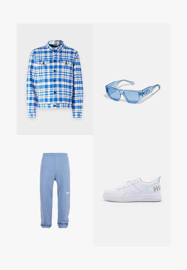 Sininen ja valkoinen ruudullinen paita, jossa on kaulus, kaksi etupussia, mustat napit ja pehmeä kangas.; Vaaleansininen huppari, joka on valmistettu pehmeästä kankaasta. Siinä on etutasku, ribbireunat ja nyörihuppu. Minimalistinen brändäys taskussa.; Vaaleansiniset verkkohousut, joissa on joustava vyötärö, kapenevat lahkeet ja valkoinen logo vasemmassa reidessä. Valmistettu pehmeästä, teksturoidusta kankaasta.; HUGO KILIAN TENN - Matalavartiset tennarit - white; Siniset aurinkolasit, joissa on läpinäkyvä muovikehys, kulmikas muoto ja siniset sävytetyt linssit. Varressa logo-yksityiskohta.