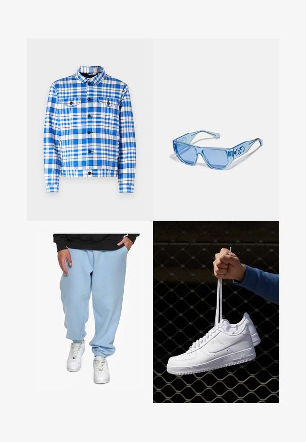 Camisa de cuadros azul y blanca con cuello, que cuenta con dos bolsillos frontales, botones negros y una textura de tela suave.; Sudadera azul clara hecha de un tejido suave, con un bolsillo frontal, puños acanalados y capucha con cordón. Branding mínimo en el bolsillo.; Dropsize HEAVY LOOSE FIT JOGGER - Pantalones deportivos - baby blue; Zapatillas de cuero blanco con perforaciones, punta redonda, suela plana y cordones gruesos, con un logo de swoosh visible y "AIR" en el talón.; Gafas de sol azules con un marco de plástico transparente, forma angular y lentes de color azul. Presentan detalle del logo en las varillas.