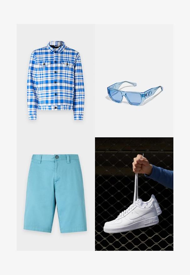 Karoblaues und weißes Hemd mit Kragen, ausgestattet mit zwei vorderen Taschen, schwarzen Knöpfen und einer weichen Stoffstruktur.; Hellblauer Hoodie aus weichem Stoff, mit einer Fronttasche, gerippten Bündchen und Kapuze mit Kordelzug. Minimale Markenkennzeichnung auf der Tasche.; Helle blaue Shorts aus glattem Stoff. Mit Knopfverschluss und Gürtelschlaufen, mit einem geraden Schnitt, der bis zum Knie reicht.; Weiße Leder-Sneaker mit Perforationen, runder Zehenpartie, flacher Sohle und dicken Schnürsenkeln, mit sichtbar eingesticktem Swoosh-Logo und "AIR" an der Ferse.; Blaue Sonnenbrille mit transparentem Kunststoffrahmen, eckiger Form und blauen, getönten Gläsern. Mit Logodetail an den Bügeln.