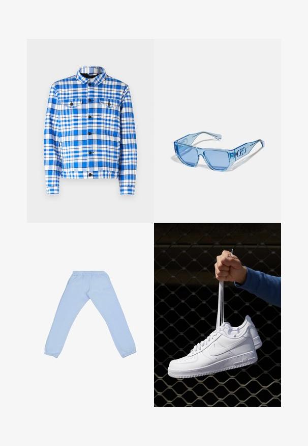 Blå och vit rutiga skjorta med krage, med två framfickor, svarta knappar och en mjuk tygtextur.; Ljusblå huvtröja i mjukt material, med en framficka, ribbade muddarna och en justerbar huva. Minimal branding på fickan.; Ljust blå sweatpants gjorda av ett mjukt material, med ett elastiskt midjeband, smalnande ben och en subtil logotypdetalj på sidan.; Vita lädersneakers med perforeringar, rund tå, platt sula och tjocka snörning, med en synlig swoosh-logga och "AIR" på hälen.; Blå solglasögon med en transparent plastbåge, kantig form och blåtonade linser. Har logotypdetalj på bågarna.