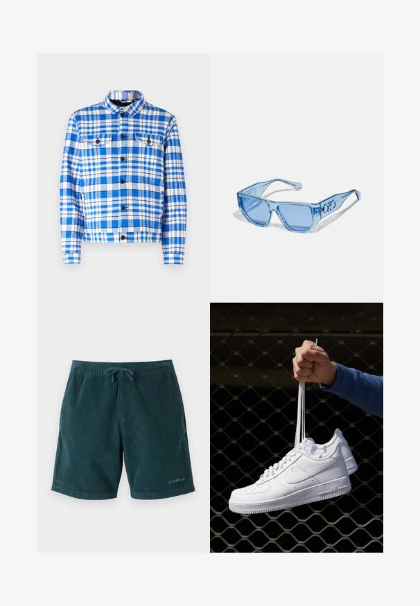 Modrá a bílá kostkovaná košile s límečkem, která má dvě přední kapsy, černé knoflíky a měkkou tkaninu.; Světle modrá mikina s kapucí vyrobená z měkké textilie, s přední kapsou, vroubkovanými manžetami a kapucí se stahovací šňůrkou. Minimální branding na kapse.; Tmavě modré kordové plavkové šortky s elastickým pasem a šňůrkou na stažení. Na spodní části pravé nohy je logo. Hladký povrch, délka po kolena.; Bílé kožené tenisky s perforacemi, kulatou špičkou, plochou podrážkou a silnými tkaničkami, které mají viditelné logo swoosh a nápis "AIR" na patě.; Modré sluneční brýle s průhledným plastovým rámem, ostrým tvarem a modrými tónovanými skly. Obsahují detail loga na stranách.