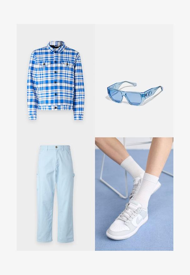 Mėlynas ir baltas langeliais marškinis su apykakle, turintis dvi priekinės kišenes, juodus mygtukus ir švelnų audinio tekstūrą.; Šviesiai mėlyna džemperis, pagamintas iš minkštos medžiagos, su priekinėmis kišenėmis, guluose rankogaliais ir su raišteliu reguliuojamu gobtuvu. Minimalus ženklinimas ant kišenės.; Mėlynos šviesos cargo kelnės, pagamintos iš minkštos medvilnės, su tiesiu siluetu, turi šoninius kišenes ir mygtuką juosmens uždarymui.; Balti sportiniai batai su šviesiai mėlynomis detalėmis, odinė viršutinė dalis, perforuota pirštų dalis, storos raiščiai ir baltiesiems raišteliai prieš mėlyną foną.; Mėlyni akiniai nuo saulės su skaidriu plastiko rėmu, kampuota forma ir mėlynomis tonuotomis lęšiais. Rankovėse yra logotipo detalė.