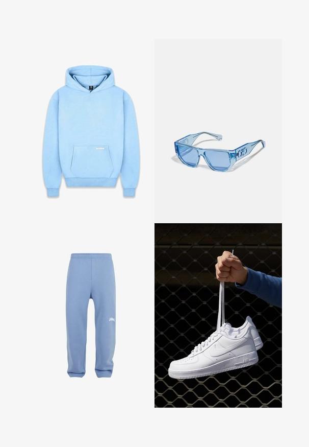 Camicia a quadri blu e bianca con colletto, dotata di due tasche frontali, bottoni neri e una texture di tessuto morbido.; Hoodie azzurro chiaro realizzato in morbido tessuto, con tasca frontale, polsini a coste e cappuccio con cordino. Branding ridotto sulla tasca.; Pantaloni della tuta azzurro chiaro con vita elastica, gambe affusolate e logo bianco sulla coscia sinistra. Realizzati in morbido tessuto testurizzato.; Sneakers in pelle bianca con perforazioni, punta rotonda, suola piatta e lacci spessi, con logo swoosh visibile e "AIR" sul tallone.; Occhiali da sole blu con montatura in plastica trasparente, forma angolare e lenti azzurre. Presentano dettagli del logo sulle aste.