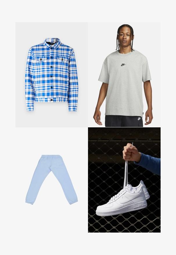 Niebiesko-biała koszula w kratę z kołnierzykiem, z dwoma przednimi kieszeniami, czarnymi guzikami i miękką teksturą materiału.; Młoda osoba z warkoczami, ubrana w jasnoszary t-shirt Nike i czarne spodenki Nike, na jednolitym białym tle.; Jasnoniebieskie spodnie dresowe wykonane z miękkiego materiału, z elastyczną talią, zwężanymi nogawkami oraz subtelnym logo po boku.; Białe skórzane sneakersy z perforacjami, okrągłym noskiem, płaską podeszwą i grubymi sznurówkami, z widocznym logo swoosh i napisem „AIR” na pięcie.
