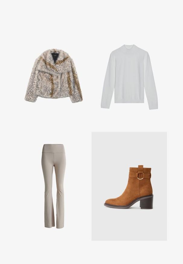 Veste en fausse fourrure avec un motif léopard. Dispose d'un large col, de manches longues et d'un tissu doux et texturé dans des nuances de beige et de marron clair.; Pull en col roulé blanc avec des manches longues, col et ourlet côtelés. Texture douce, design minimaliste sans motifs ni accents visibles.; Leggings évasés beiges en matériau extensible. Taille haute avec une marque discrète. Texture lisse sans coutures ni motifs visibles.; Bottine en daim marron avec un bout arrondi, un talon carré et une sangle décorative avec un détail de boucle circulaire.