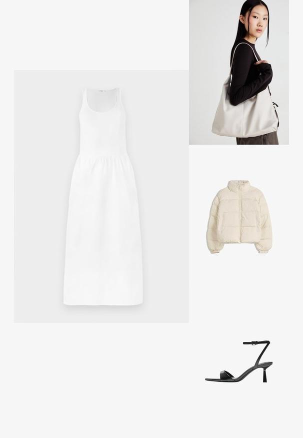 Krém színű puffos kabát magas gallérral, elülső cipzárral, rugalmas mandzsettákkal és két oldalsó zsebbel. A dizájnja dobozos, rövid fazonú.; Fehér maxi ruha ujjatlan kivitelben, kerek nyakkivágással, összefogott derékkal és lengő szoknyával. Könnyű anyagból készült.; Bershka Magas sarkú szandálok - black; Puha anyagból készült bézs kézitáska, laza dizájnnal, varrott részletekkel és két vállpánttal. Mindennapi használatra alkalmas.