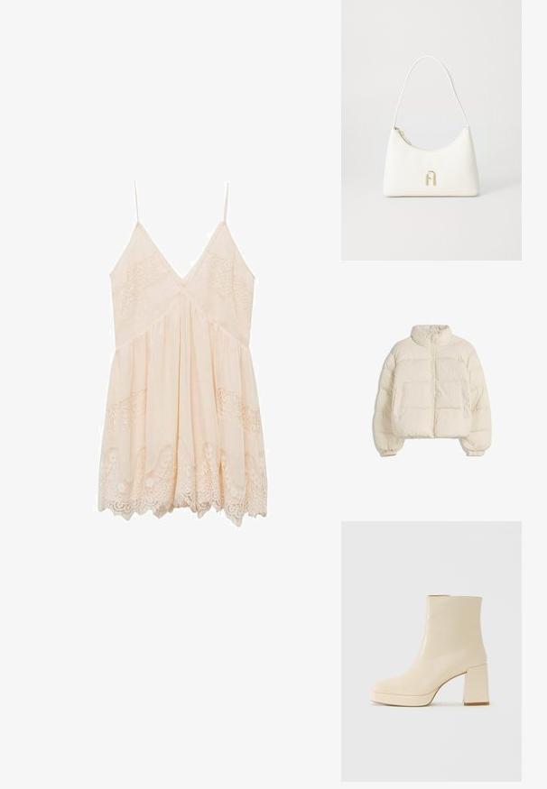 Jachetă căptușită de culoare crem, cu guler înalt, fermoar frontal, manșete elastice și două buzunare laterale. Prezintă un design pătrățos, scurt.; Rochie piersică cu bretele spaghetti, cu accente de dantelă pe bust și pe margine, având o siluetă fluidă și un decolteu în formă de V.; Cizmă de gleznă din piele bej, cu toc pătrat și talpă platformă, cu un finisaj neted și vârf ușor pătrat, orientată spre stânga pe fundal alb.; Geantă albă cu o formă curbată și textură netedă. Dispune de un accent cu logo de culoare aurie și închidere cu fermoar. Curea de umăr ajustabilă.