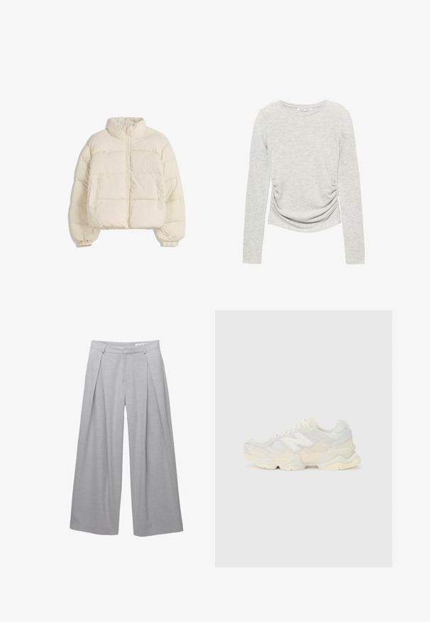 Kremowa ocieplana kurtka z wysokim kołnierzem, zamek z przodu, elastyczne mankiety i dwie boczne kieszenie. Charakteryzuje się krótkim, pudełkowym krojem.; Szary top z długim rękawem wykonany z miękkiej, lekkiej tkaniny, z dekoltem w serek i marszczeniami po bokach, co zapewnia dopasowany wygląd.; Jasnoszare spodnie o szerokich nogawkach, wykonane z teksturowanej tkaniny, z plisami z przodu, szlufkami na pasek i dopasowanym paskiem w talii. Brak widocznych zapięć.; Lekki sneakers z siateczkową i zamszową cholewką w delikatnych kremowych odcieniach, z masywną podeszwą i trójwymiarowymi akcentami.