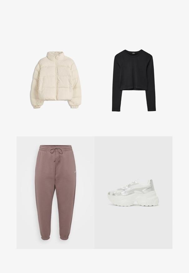 Bela podložena jakna z visokim ovratnikom, sprednjim zadrgo, elastičnimi manšetami in dvema stranskima žepoma. Opremljena je s kvadratnim, krajšim dizajnom.; Črna dolgi rokavi prerezana majica s krožnim izrezom, enostaven dizajn in rahlo ukrivljen rob.; Rjave trenirke z elastičnim pasom in nastavljivo vrvico. Imajo zožene hlačnice in majhen bel logotip spredaj.; Srebrna tenisica s teksturiranim mrežastim gornjim delom i iridescentnimi akcenti, ki ima masiven bel podplat in vezanje.