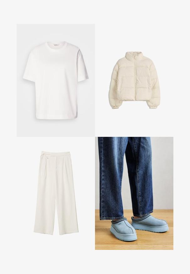 Cream-colored padded jacket with a high collar, front zipper, elastic cuffs, and two side pockets. Features boxy, cropped design.; White cotton t-shirt with short sleeves, crew neckline, relaxed fit, and smooth texture; no patterns or visible hardware.; Wide-leg pants in off-white fabric with a smooth texture. Features a tied waist and pleated front, designed for a relaxed fit.; Blue suede slip-on UGG shoes with thick soles worn with blue jeans on a wooden floor against a plain background.