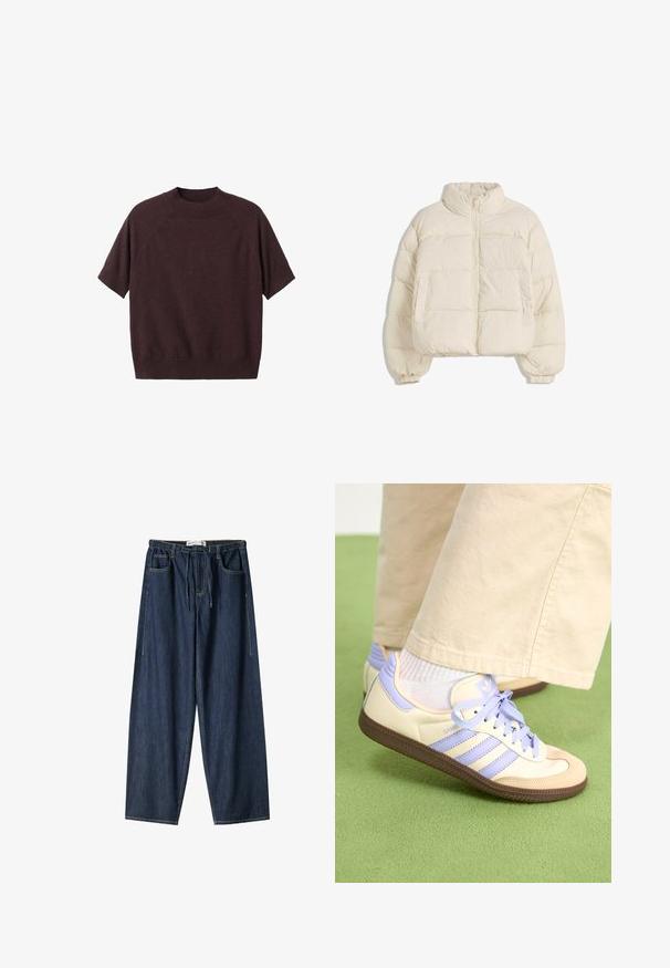 Kremowa ocieplana kurtka z wysokim kołnierzem, zamek z przodu, elastyczne mankiety i dwie boczne kieszenie. Charakteryzuje się krótkim, pudełkowym krojem.; Sweter z krótkim rękawem w ciemnej bordowej dziane. Posiada ribbowany okrągły dekolt oraz luźny krój, z rękawami raglanowymi i gładką teksturą.; Ciemnoniebieskie dżinsowe spodnie o szerokim kroju. Zawierają elastyczny pas, sznurki do regulacji oraz kieszenie z przodu. Gładka tekstura z widocznymi szwami.; Kremowe i lawendowe trampki z trzema paskami oraz teksturowaną brązową podeszwą, wyposażone w sznurówki i wyścieloną piętę. Górna część z miękkiego materiału.