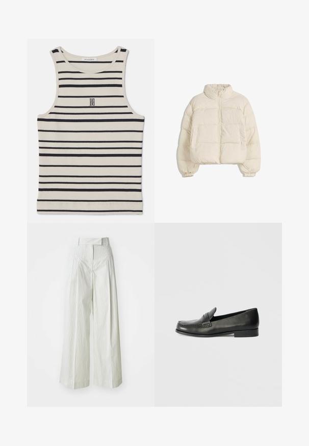 Cremefarbene, gepolsterte Jacke mit hohem Kragen, Frontreißverschluss, elastischen Bündchen und zwei seitlichen Taschen. Verfügt über ein kastiges, kurzes Design.; By Malene Birger AMANIAS - Top - black/white; Weite Hosen in Hellgrün mit vertikalen weißen Streifen. Sie haben eine hohe Taille, Gürtelschlaufen und eine glatte Baumwolltextur.; Schwarze Leder-Slipper mit abgerundeter Spitze, erhöhten Nähdetails und einem niedrigen, gestapelten Absatz. Glatte Textur mit einem dezenten Glanz.