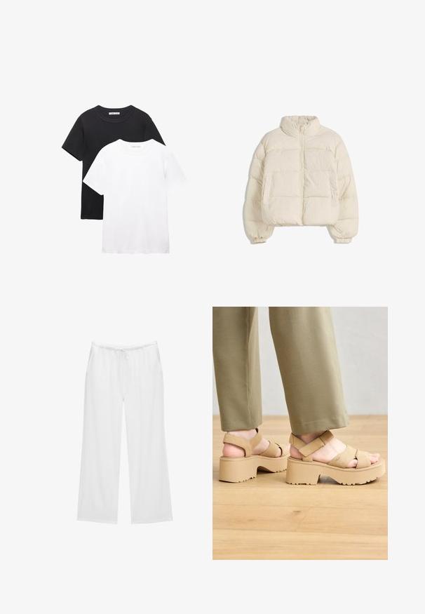 Jakna krem boje s patentnim zatvaračem, visokim ovratnikom, elastičnim manžetama i dva bočna džepa. Ima ravni, skraćeni kroj.; Dve majice s okruglim izrezom, jedna crna i jedna bijela. Napravljene od mekanog pamuka, imaju kratke rukave i jednostavan, klasičan dizajn.; Bijele široke hlače izrađene od mekanog materijala, s elastičnom gumom u struku i vezicom, te dva bočna džepa. Jednostavan i uredan dizajn.; Bež sako platforme sandale s širokim trakama i debelim potplatom. Imaju podesivu stražnju traku i teksturirani potplat za prianjanje.