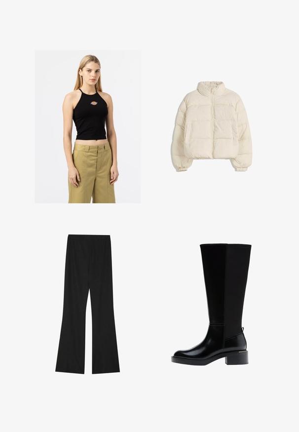 Jakna krem boje s patentnim zatvaračem, visokim ovratnikom, elastičnim manžetama i dva bočna džepa. Ima ravni, skraćeni kroj.; Crna halter crop majica s malim višebojnim logom na prsima, uparena s maslinasto zelenim hlačama visokog struka s prednjim nabora.; Crne široke hlače od teksturirane tkanine, s elastičnim pojasom i slobodnim krojem, osmišljene za udobnost i lakoću pokreta.; Crne kožne čizme do koljena s sjajnim završetkom, kvadratnim vrhom, blok petom i detaljem na bočnom šavu. Imaju hendle za povlačenje straga.