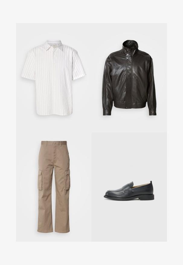 Hnedá kožená bunda s vysokým golierom, kovovými cvokovými uzávermi a elegantným dizajnom. Má hladkú textúru a jemné prešívanie.; Krátky rukáv košeľa v bielej farbe s tenkými vertikálnymi hnedými pruhmi, zapínanie na gombíky a klasický golier. Tkanina vyzerá hladko a ľahko.; Bežové cargo nohavice vyrobené z bavlny s voľným strihom, obsahujúce dve bočné vrecká a zapínanie na gombík v oblasti pásu.; Čierne kožené poltopánky s hladkým povrchom, plochou podrážkou a okrúhlou špičkou s dekoratívnym pásikom cez hornú časť.