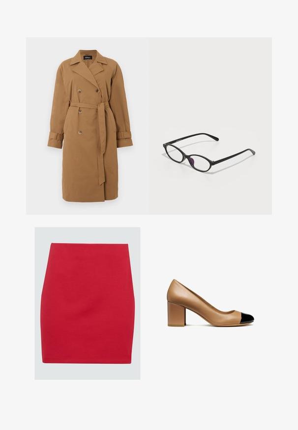 Manteau trench brun en tissu, avec un design à double boutonnage, un col cranté, des poches latérales et une ceinture nouée à la taille.; Blouse blanche à manches longues avec un col classique, fermeture à boutons sur le devant et détail froncé sur le côté. Tissu lisse avec une coupe ajustée.; Jimmy Key Minijupe - red; Bottines en cuir beige avec un bout arrondi et un capuchon en vernis noir, dotées d'un talon carré et d'une texture lisse.; Lunettes en plastique noir avec une forme ovale, dotées de verres transparents et d'un accent violet sur le verre gauche. Design élégant et minimal.; sac hobo en cuir grainé rouge profond, avec une fermeture éclair dorée, une bandoulière réglable et un accent logo subtil à la base.
