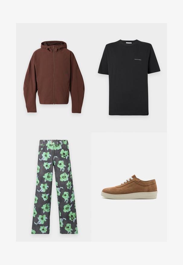 Bruine capuchonjack met een volledige rits, gemaakt van lichtgewicht materiaal, met een ontspannen pasvorm en naaddetails. Geen zichtbare logo-accents.; Zwarte katoenen T-shirt met een ronde hals, korte mouwen en een klein wit "TIGER OF SWEDEN" logo op de borst. Klassieke pasvorm.; Donkergrijze bloemenbedrukte broek met grote groene en blauwe bloemen. Inclusief een bijpassende riem met meerdere studs en oogjes.; Bruine suède sneaker met witte veters, ronde neus en een gestructureerde rubberen zool. Kenmerkt zich door een gestikte accenten langs de rand van de zool.
