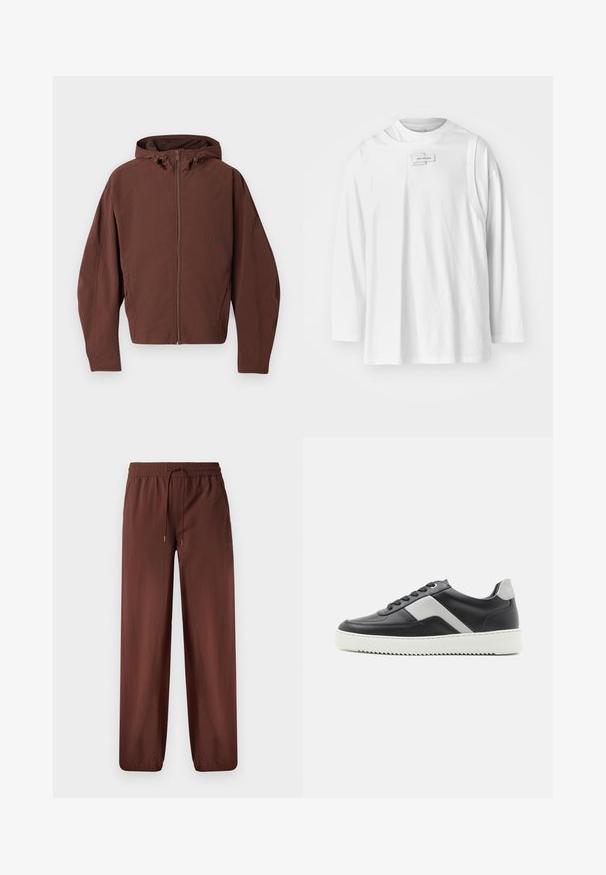 Brown hooded jacket with a full zipper, made of lightweight material, featuring a relaxed fit and seam detailing. No visible logo accents.; Feng Chen Wang DECONSTRUCTION UNISEX - Long sleeved top - white; Brown, lightweight pants with an elastic waistband, drawstring detail, and tapered legs. Smooth texture, no pockets, minimal branding.; Black leather sneaker with gray accents, white rubber sole, round toe, and six black eyelets for laces. Textured side panel detail.