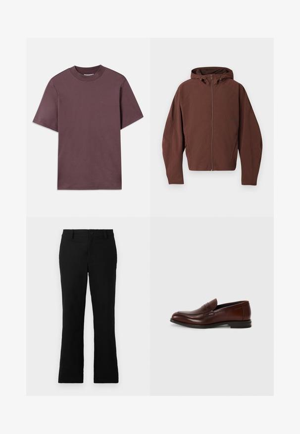 Hnedá kapucňová bunda s plným zipsom, vyrobená z ľahkého materiálu, s uvoľneným strihom a švovými detailmi. Žiadne viditeľné logo.; Tielko s krátkymi rukávmi, okrúhlym výstrihom v tmavej broskyňovej farbe, vyrobené z jemnej bavlny. Má minimalistické logo v zodpovedajúcej farbe na prednej strane.; Čierne rozšírené nohavice z bavlnenej zmesi, s gombíkovým zapínaním, pútkami na opasok a hladkým povrchom bez viditeľných vzorov.; Hnedé kožené mokasíny s okrúhlou špičkou, prednou prackou a nízkym klinovým podpätkom. Hladký povrch s minimálnymi dekoratívnymi akcentmi.