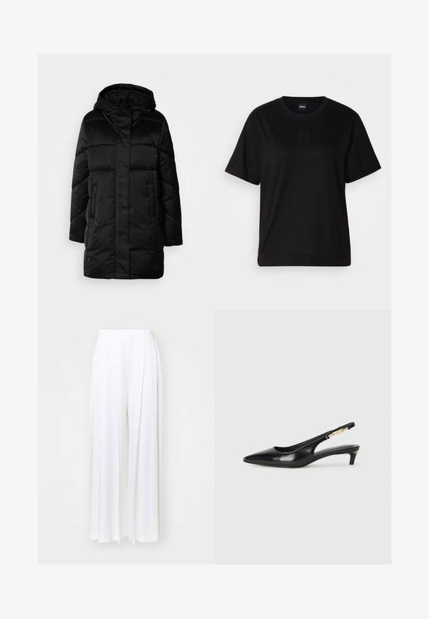 Čierna nadýchaná bunda s kapucňou, so zipsom vpredu, dvomi bočnými vreckami a prešívaným dizajnom. Hladký povrch a stredná dĺžka.; Čierne bavlnené tričko s okrúhlym výstrihom, krátkymi rukávmi a vyšívaným logom na hrudi. Jednoduchý, voľný strih bez vzorov.; BOSS TETOSA - Nohavice - white; Čierne kožené slingback opätky s špicatou špičkou, s úzkym opätkom a zlatým detailom na nastaviteľnom remienku. Hladká textúra.