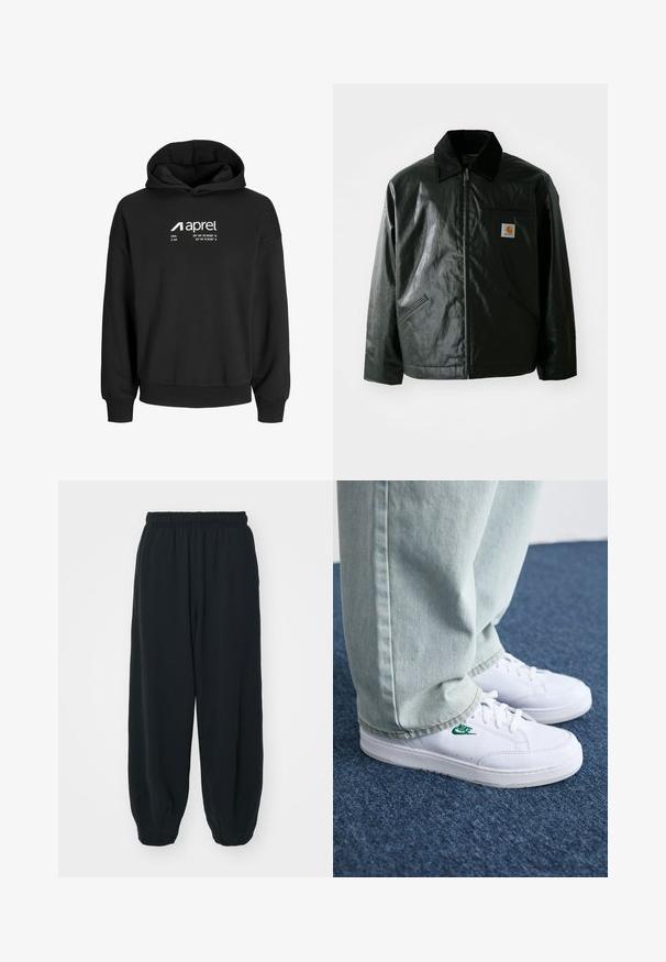 Schwarze Zip-Jacke aus glattem, glänzendem Material. Verfügt über einen Cordkragen, zwei Fronttaschen und ein kleines Logo-Patch auf der Brust.; Schwarzer Kapuzenpullover aus weichem Material, mit einem weißen grafiktext mit Koordinaten und Logo auf der Vorderseite. Lange Ärmel und gerippte Bündchen.; Schwarze Sweatpants mit elastischem Bund, lockerer Passform, gerippten Beinabschlüssen, glatter Textur und ohne sichtbare Muster oder Hardware-Akzente.; Weiße Leder-Sneaker mit grünem Nike-Logo, runde Zehenpartie, flache Sohle, kombiniert mit hellblauen Jeans, präsentiert auf einem blauen Teppich.