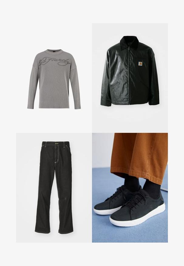 Svart zip-up jacka gjord av slätt, glänsande material. Har en manchesterkrage, två framfickor och en liten logotyp på bröstet.; Grå ribbad stickad tröja med rund halsringning, sänkt axlar och en texturerad yta. Har "Ed Hardy"-logotypen i mörkare grått över framsidan.; Svarta denimjeans med en lös passform, med kontrasterande vita sömmar, knäppning och raka ben.; Svarta mockaskor med vita gummisålar, med snörning, texturerade detaljer och subtil branding, kombinerade med bruna byxor.