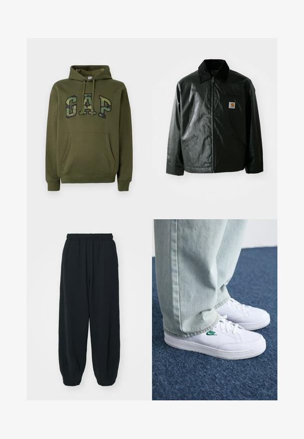Casaco preto com fecho éclair, feito de material liso e brilhante. Apresenta um colarinho de veludo, dois bolsos frontais e um pequeno emblema no peito.; Sweatshirt verde-azeitona com bolso canguru na frente, capuz com cordão e logotipo "GAP" em padrão de camouflage no peito.; Calças de fato de treino pretas, com cintura elástica e um corte solto, com punhos nas pernas, textura suave e sem padrões visíveis ou detalhes de metal.; Tênis de couro brancos com logo verde da Nike, bico redondo, sola plana, combinados com calças de denim azul claro, exibidos sobre um tapete azul.
