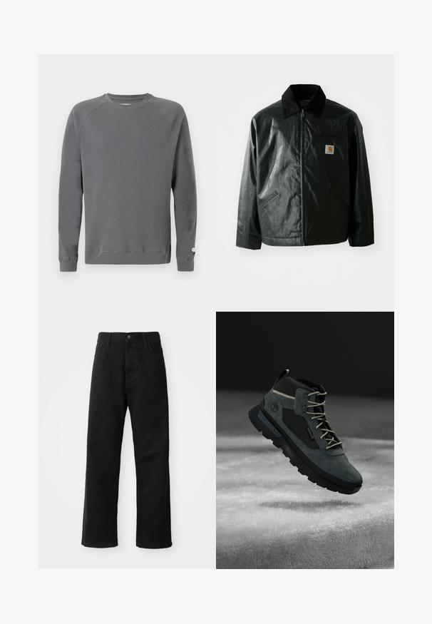 Juodas užtrauktuku užsegamas švarkas, pagamintas iš glotnaus, blizgaus medžiagos. Savybė - keteros apykaklė, dvi priekinės kišenės ir mažas logotipo ženklelis ant krūtinės.; Pilkas, struktūruotas ilgomis rankovėmis džemperis su nusmailintu dizainu, apvaliu kaklu ir subtiliu logotipo akcentu ant rankovės.; Juodo džinsinio audinio keliaraiščiai su tiesia iškarpa, turintys priekinės kišenes, užtrauktuką ir vieną viršutinį mygtuką. Audinys tekstūruotas, su matinio paviršiaus apdaila.; Tamsiai pilki žygio batai su zomšos ir sintetinėmis medžiagomis, paminkštintu apykakle, smėlio spalvos raišteliais ir tvirtu guminio pado protektoriumi, užtikrinančiu sukibimą.
