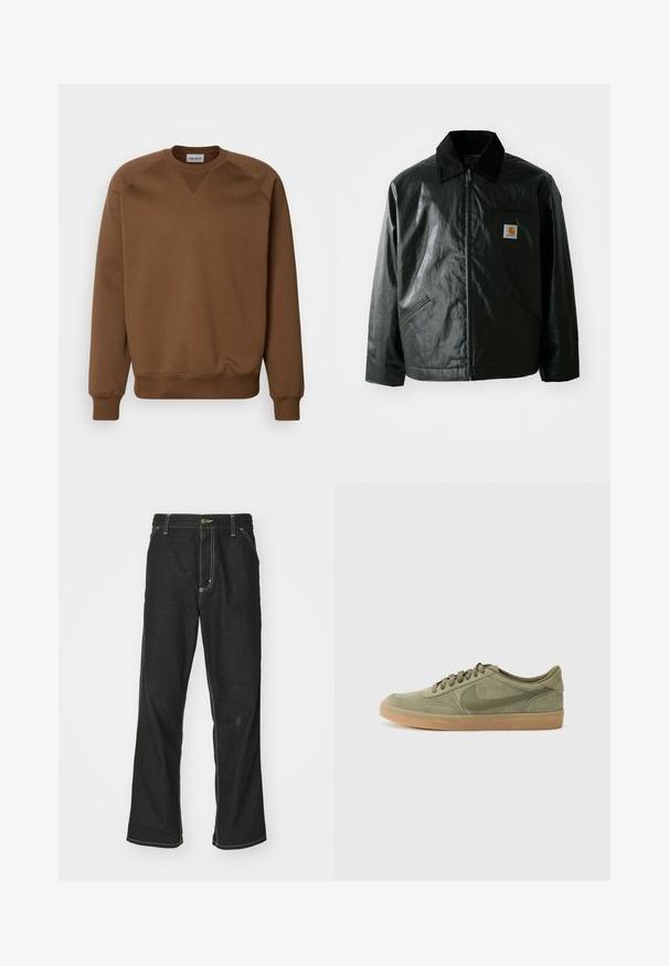 Must mustaga, läikiva materjaliga musta värvi jakk. Omab kordonilõikega kraed, kahte esikäe taskut ja väikest logo sildi rinnal.; Carhartt WIP CHASE - Pusa - chocolate/gold; Mustadest denimist püksid, lahtise lõikega, kontrastsete valgete õmblustega, nööbiga kinnitamine ja sirge säär.; Roheline nuiatsi sneaker, millel on kummist põhi, ümar varvas ja sidumisdisain. Omab Nike'i äratuntavat logo tumedamas rohelises värvitoonis.