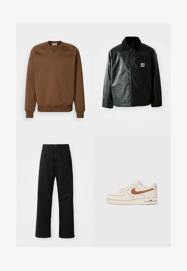 Czarna kurtka zapinana na zamek, wykonana z gładkiego, błyszczącego materiału. Posiada kołnierz z kordurowej tkaniny, dwie przednie kieszenie oraz małą naszywkę z logo na klatce piersiowej.; Carhartt WIP - Bluza; Czarne dżinsy o prostym kroju, z przednimi kieszeniami, zamkiem błyskawicznym i pojedynczym guzikem z przodu. Teksturowana tkanina o matowym wykończeniu.; Sneakers Nike Air Force 1 z kremową skórzaną cholewką, brązowym logo i detalami stębnowania. Posiadają okrągły czubek i teksturowaną gumową podeszwę.