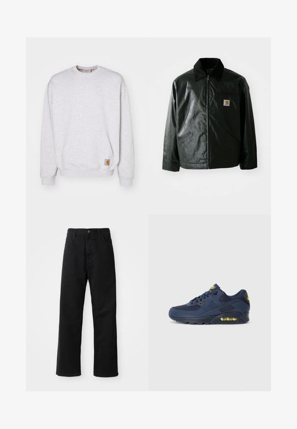 Crna zip-up jakna izrađena od glatkog, sjajnog materijala. Ima okovratnik od kordura, dva prednja džepa i mali logotip na prsima.; Carhartt WIP BILLY - Sportska majica - ash heather; Crne traperice ravnog kroja, s prednjim džepovima, patentnim zatvaračem i jednim gornjim dugmetom. Teksturirana tkanina s mat završetkom.; Tamno plavi Nike Air Max tenisice s gornjim dijelom od antilopa i mrežice, s žutim akcentima, vezanjem sprijeda i vidljivim zračnim jastučićima u potplatu.