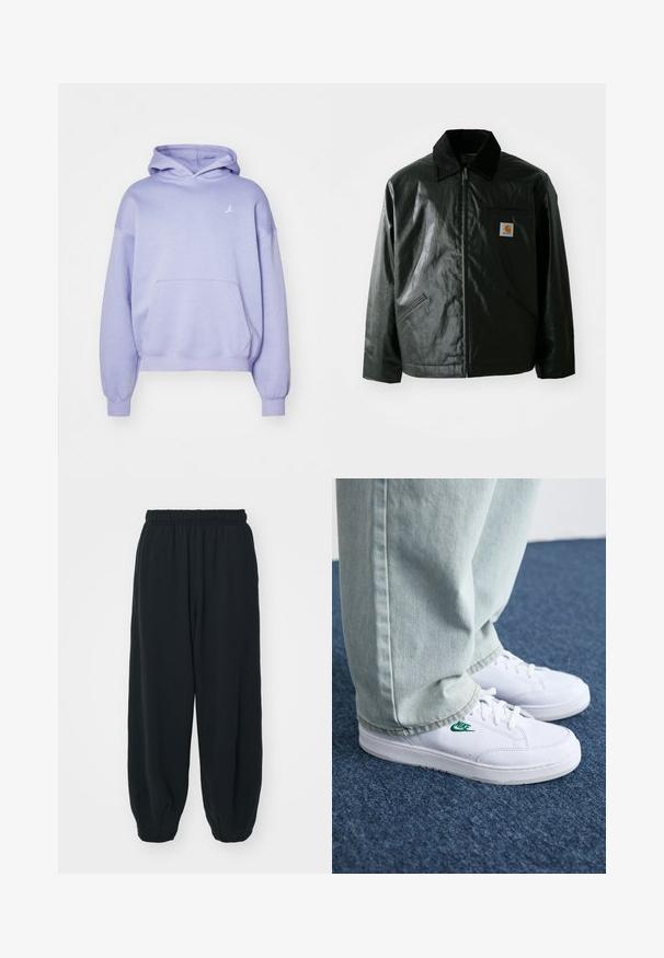 Giacca nera con zip realizzata in materiale liscio e lucido. Presenta un colletto in corduroy, due tasche frontali e una piccola patch con logo sul petto.; Felpa viola chiaro in tessuto morbido, con una tasca frontale e un piccolo logo bianco sul petto. Il cappuccio ha un design a doppio strato.; Pantaloni da jogging neri con vita elasticizzata, dalla vestibilità morbida, caviglie a costina, texture liscia e senza motivi visibili o dettagli in metallo.; Sneakers in pelle bianca con logo Nike verde, punta rotonda, suola piatta, abbinati a pantaloni in denim azzurro, mostrati su un tappeto blu.
