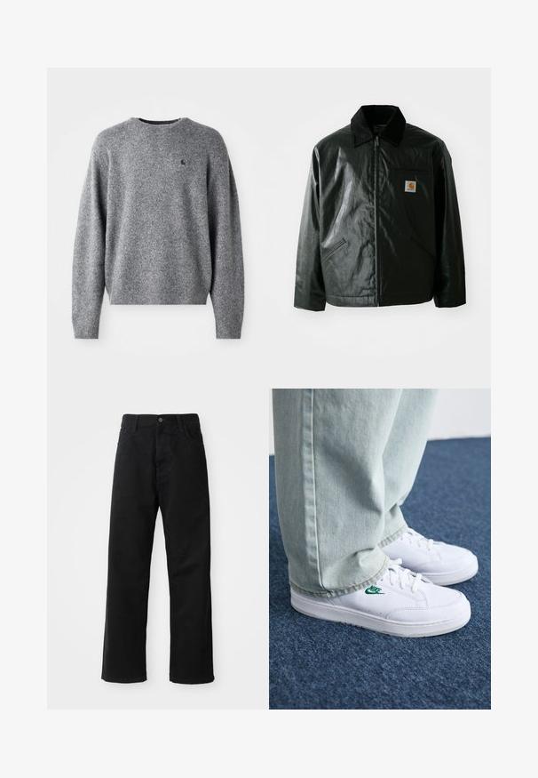 Black zip-up jacket made of smooth, shiny material. Features a corduroy collar, two front pockets, and a small logo patch on the chest.; Gray knitted sweater with a round neckline, ribbed cuffs and hem, and a small logo on the chest. Soft texture and relaxed fit.; Black denim pants with a straight cut, featuring front pockets, a zip fly, and a single top button. Textured fabric with a matte finish.; White leather sneakers with green Nike logo, round toe, flat sole, paired with light blue denim pants, shown on a blue carpet.