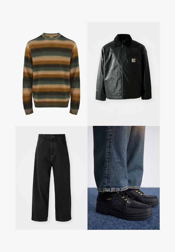 Giacca nera con zip realizzata in materiale liscio e lucido. Presenta un colletto in corduroy, due tasche frontali e una piccola patch con logo sul petto.; Maglione a righe nei toni del verde, marrone e beige. Presenta una texture a costine, collo rotondo e maniche lunghe con un orlo aderente.; Jeans di denim neri a gamba larga con vita alta, bottone anteriore, cerniera e cuciture gialle su tasche e cuciture.; Scarpe di pelle nera con occhielli dorati e finitura testurizzata, abbinate a jeans denim blu. Le scarpe presentano una suola a strati e un dettaglio di branding.