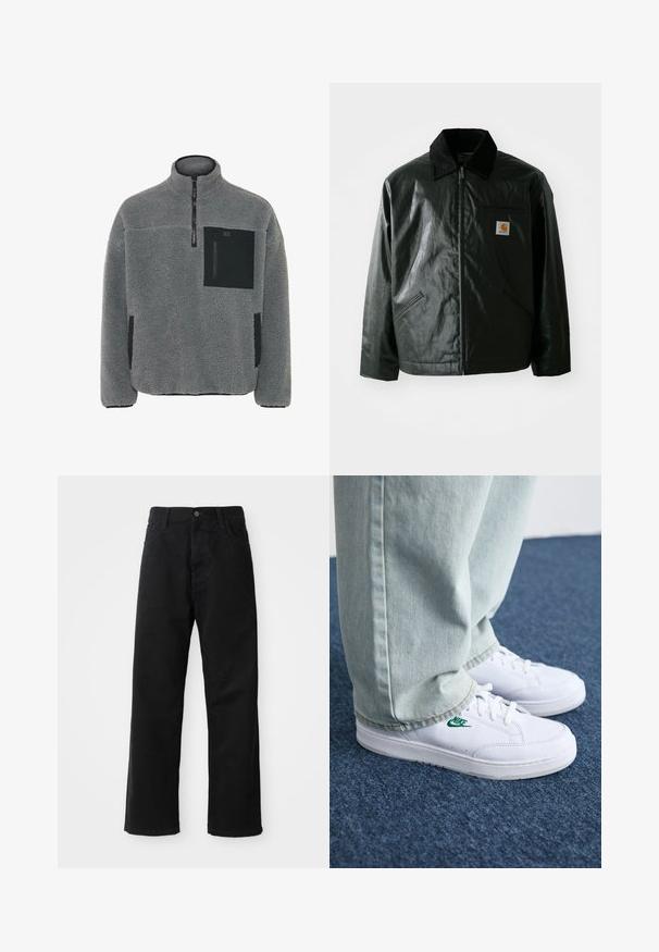 Czarna kurtka zapinana na zamek, wykonana z gładkiego, błyszczącego materiału. Posiada kołnierz z kordurowej tkaniny, dwie przednie kieszenie oraz małą naszywkę z logo na klatce piersiowej.; Polarowy bezrękawnik w jasnoszarym kolorze z fakturowanej tkaniny, z zamkiem błyskawicznym na ćwierć długości oraz czarnymi akcentami kieszeni na klatce piersiowej i bokach.; Czarne dżinsy o prostym kroju, z przednimi kieszeniami, zamkiem błyskawicznym i pojedynczym guzikem z przodu. Teksturowana tkanina o matowym wykończeniu.; Białe skórzane sneakersy z zielonym logo Nike, okrągły czubek, płaska podeszwa, zestawione z jasnoniebieskimi dżinsami, pokazane na niebieskim dywanie.