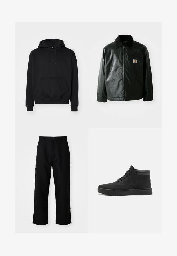 Mustat vetoketjulliset takit, jotka on valmistettu sileästä, kiiltävästä materiaalista. Sisältää kangastakin kauluksen, kaksi etutaskua ja pienen logopatchin rinnassa.; Musta huppari, joka on valmistettu pehmeästä puuvillasekoitteesta. Siinä on kengurupocketti, nyörillinen huppu, ribbauskahvat ja rento malli.; Mustat suorat housut vyölenkeillä, etunapilla ja vetoketjulla yksinkertaisella vaalealla taustalla.; Musta mokkanahkakengät nilkkapituisena, pyöreällä varvalla, kumipohjalla ja nauhoilla. Korostaa sileää mustaa nahkaa kantapään koristeena ja hienovarainen logotuleva sivussa.