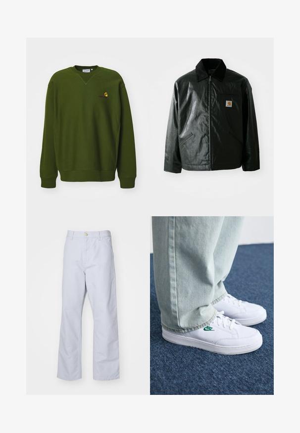 Schwarze Zip-Jacke aus glattem, glänzendem Material. Verfügt über einen Cordkragen, zwei Fronttaschen und ein kleines Logo-Patch auf der Brust.; Olivenfarbener Pullover mit lockerer Passform, Rundhalsausschnitt und gerippten Bündchen. Verfügt über ein kleines, gelbes und lila gesticktes Logo auf der Brust.; Helleblaue, gerade geschnittene Hosen aus Baumwolle. Verfügt über eine Fronttasche, einen Reißverschluss und einen einzelnen Metallknopf am Bund.; Weiße Leder-Sneaker mit grünem Nike-Logo, runde Zehenpartie, flache Sohle, kombiniert mit hellblauen Jeans, präsentiert auf einem blauen Teppich.