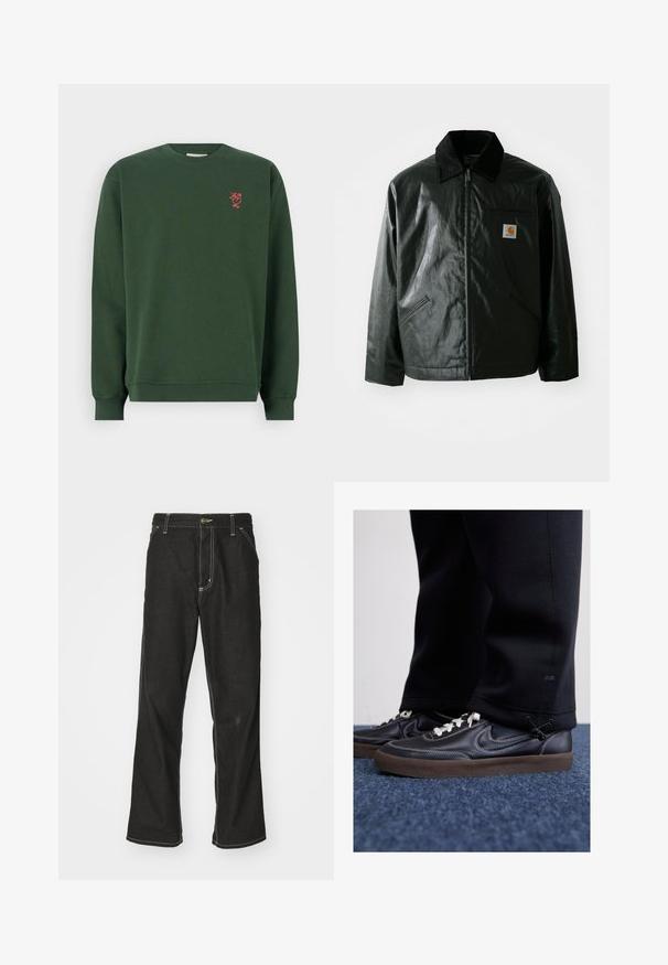 Črna jakna na zadrgo, izdelana iz gladkega, sijočega materiala. Ima žametni ovratnik, dva sprednja žepa in majhno oznako logotipa na prsih.; Temnozeleno bombažno pulover s dolgimi rokavi, rebrastimi manšetami in okroglim ovratnikom. Ima majhen rdeč vezen dizajn na prsih.; Črne jeans hlače ohlapenega kroja, ki imajo kontrastno belo šivanje, zapiranje na gumb in ravno nogavico.; Nike Sportswear KILLSHOT 2 LTR PRM OPP2 - Športni copati - black sail baroque brown mtlc dk grey