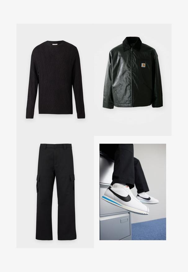 Chaqueta negra con cremallera hecha de un material liso y brillante. Presenta un cuello de pana, dos bolsillos frontales y un pequeño parche con el logo en el pecho.; Suéter negro de manga larga con patrón de punto en forma de chevron y puños y dobladillo acanalados, con cuello redondo, presentado sobre un fondo blanco liso.; Pantalones cargo negros con un diseño de pierna recta. Fabricados con un tejido duradero, cuentan con dos bolsillos laterales con cierres de solapa y una cremallera de botón.; Zapatillas blancas de cuero con un swoosh negro de Nike, suela de goma en azul claro y gris, y un diseño clásico de cordones. Pies apoyados en un archivero.
