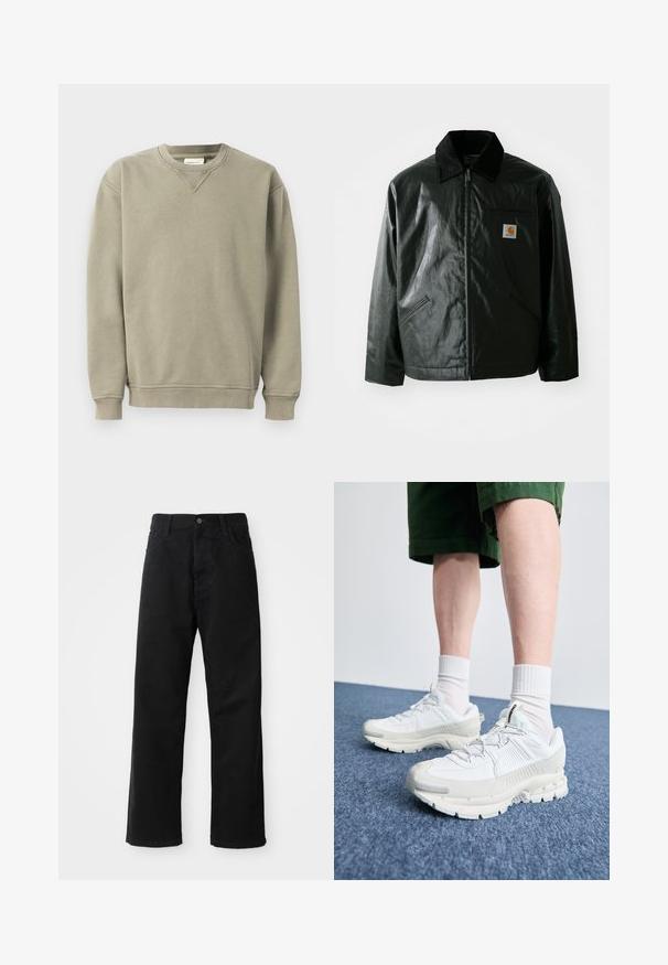 Black zip-up jacket made of smooth, shiny material. Features a corduroy collar, two front pockets, and a small logo patch on the chest.; Khaki sweatshirt made from soft cotton blend, featuring a crew neckline, ribbed cuffs, and a relaxed fit with subtle stitching details.; Black denim pants with a straight cut, featuring front pockets, a zip fly, and a single top button. Textured fabric with a matte finish.; White athletic shoes with textured overlays, a chunky sole, and gray accents. Worn with white crew socks and green shorts on a blue surface.