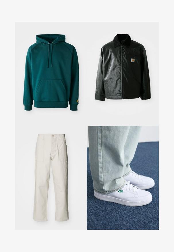 Črna jakna na zadrgo, izdelana iz gladkega, sijočega materiala. Ima žametni ovratnik, dva sprednja žepa in majhno oznako logotipa na prsih.; Turkizna kapuca s kenguru žepom, vezicama i rebrastim manžetama. Mekani materijal s glatkom teksturom, s akcentom logotipa na rukavu.; Svetlo bež široke hlače iz bombaža. Imajo sprednje žepe in gumbasto zapiranje. Gladka tekstura z subtilnimi navpičnimi črtami.; Bela usnjena športna obutev z zelenim Nike logotipom, okrogla konica, ravna podplat, v kombinaciji z svetlo modrimi kavbojkami, prikazana na modrem preprogu.