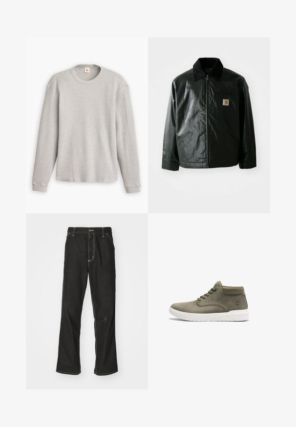 Casaco preto com fecho éclair, feito de material liso e brilhante. Apresenta um colarinho de veludo, dois bolsos frontais e um pequeno emblema no peito.; Suéter de malha cinza de mangas compridas com textura canelada, decote redondo e bainha reta. As punhos são ajustados e feitos de um tecido suave.; Calças de ganga pretas de corte largo, com costuras brancas em contraste, fecho de botão e design de perna reta.; Sapatilha alta em pele verde com sola branca, bico redondo, atacadores planos e um logótipo discreto de lado. Textura suave com detalhes mínimos.