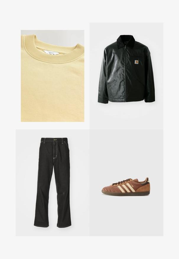 Sort lynlåsejakke lavet af glat, blankt materiale. Har en kordfløjlsfarvet krave, to forlommer og et lille logo-patch på brystet.; Cremefarvet sweatshirt med ribbet rund halsudskæring. Blød tekstur og glat stof, med et mærke med "NEXT" label indeni.; Sorte denimjeans med løs pasform, der har kontrasterende hvid syning, en knaplukning og et lige ben-design.; adidas Originals SAMBA UNISEX - Sneakers - preloved brown/sand strata/dark brown
