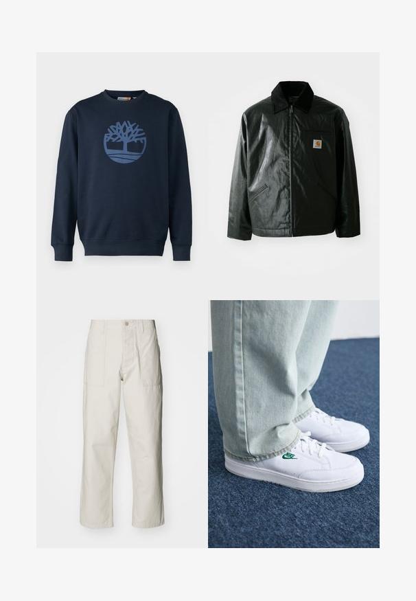 Giacca nera con zip realizzata in materiale liscio e lucido. Presenta un colletto in corduroy, due tasche frontali e una piccola patch con logo sul petto.; Timberland TREE LOGO CREW NECK - Felpa - dark sapphire; Pantaloni a gamba larga beige chiaro in cotone. Presentano tasche frontali e chiusura con bottone. Tessuto liscio con sottili linee verticali.; Sneakers in pelle bianca con logo Nike verde, punta rotonda, suola piatta, abbinati a pantaloni in denim azzurro, mostrati su un tappeto blu.