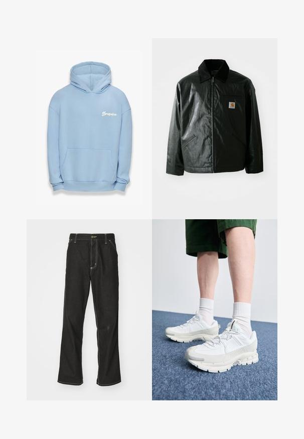 Giacca nera con zip realizzata in materiale liscio e lucido. Presenta un colletto in corduroy, due tasche frontali e una piccola patch con logo sul petto.; Felpa blu chiaro realizzata in un tessuto dalla consistenza morbida. Presenta una tasca frontale, orlo a coste e un logo "Dropsize" ricamato in bianco.; Jeans in denim nero con una vestibilità ampia, caratterizzati da cuciture bianche a contrasto, chiusura a bottone e un design a gamba dritta.; Scarpe da ginnastica bianche con sovrapposizioni testurizzate, suola spessa e accenti grigi. Indossate con calze corte bianche e pantaloni corti verdi su una superficie blu.